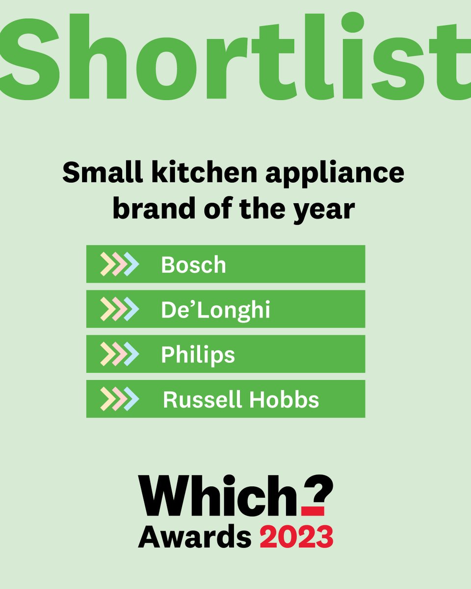 📢 Which? Awards 2023 shortlist. Small Kitchen Appliance Brand of the Year @BoschHomeUK @DeLonghiUK @philipshomelivinguk @russellhobbsuk #WhichAwards2023