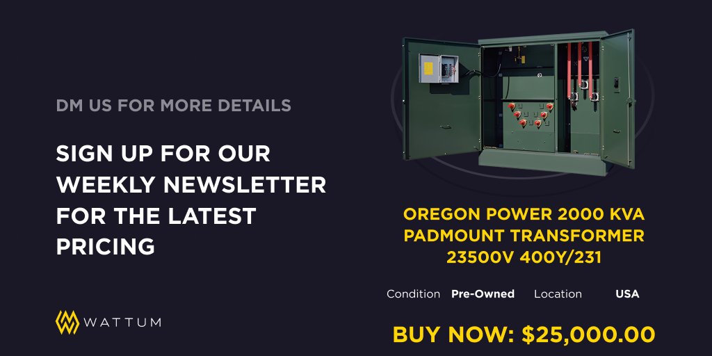 wattumofficial's tweet photo. 2000 kVA Power Transformer available now π
πΈ Pre-owned
πΈ 23500V 400Y/231
π₯ DM us for more details, or send us an email by visiting: https://t.co/oefeVfz1U5
#MiningContainer #BitcoinMining #Bitcoin #BTC #BitcoinNews #CryptoMining #MiningFarm #PowerTransformer https://t.co/BA7M7Bli4g