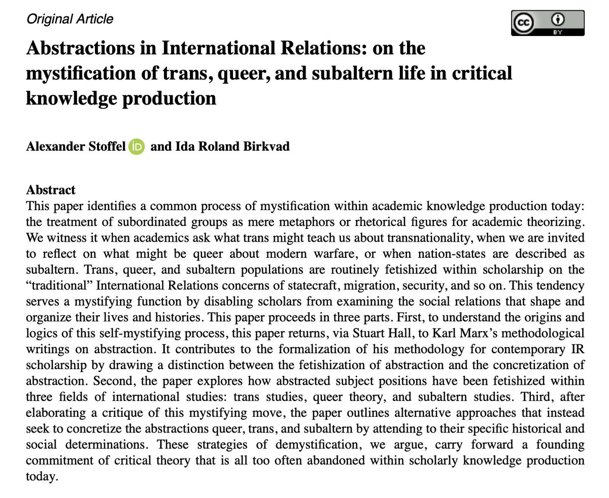Ida Roland Birkvad (@idabirkvad) on Twitter photo Yessss: <a href="/StoffelAlex/">Alex</a> and I have a new paper out with <a href="/EuroJournIR/">EJIR (European Journal of International Relations)</a>.
We argue that critical scholarship fetishises marginalised groups, mystifying the social relations that shape the material conditions of their lives, histories, and politics.
Open access: bit.ly/3WHLlvx Yessss: <a href="/StoffelAlex/">Alex</a> and I have a new paper out with <a href="/EuroJournIR/">EJIR (European Journal of International Relations)</a>.
We argue that critical scholarship fetishises marginalised groups, mystifying the social relations that shape the material conditions of their lives, histories, and politics.
Open access: bit.ly/3WHLlvx