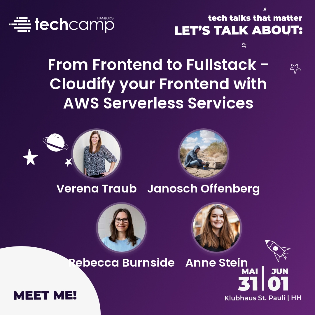 💡Ever wanted to get the most out of your beautiful website by turning it into a fullstack application?

➡️ Join "Cloudify your Frontend with AWS Serverless Services" workshop on 31st of May at 2:30 p.m. at @techcampHH 

For more 👉🏻 techcamp.hamburg/programm-2023/