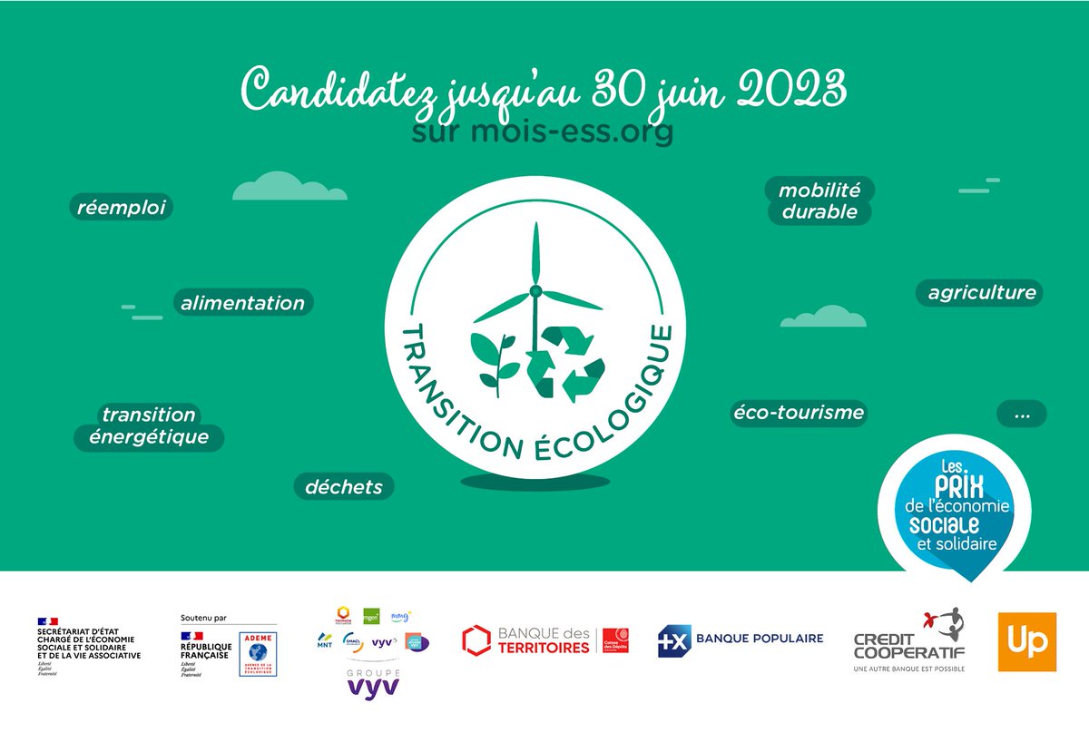 PrefAquitaine33's tweet photo. 🏆#PrixESS23 Transition écologique | Vous êtes une structure de l'#ESS ? Votre💚d’activité répond aux défis de la transition écologique ?
Candidatez et tentez de remporter jusqu'à 5 000€ sur https://t.co/mhgBRjn26r
@mois_ESS https://t.co/mbX7O3pZVd