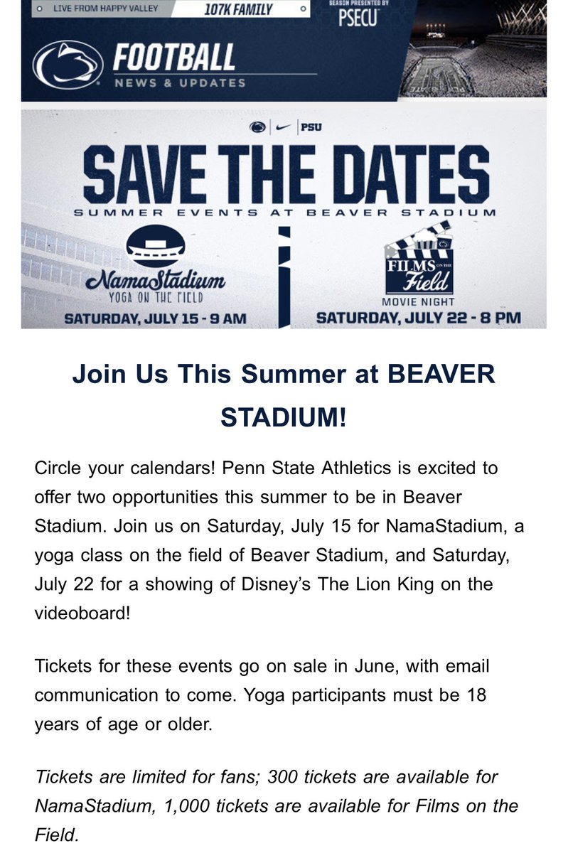 New AD Kraft squeezing every penny out of vacant Beaver Stadium: YOGA NIGHT on 7/15. MOVIE NIGHT (“The Lion King”) on 7/22. Definitely will be future PSU wrestling dual held. Early season match-up. What else would you like seen at Beaver? 💵🔵⚪️