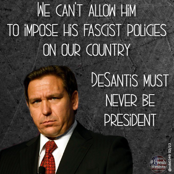 DeSantis says: “I will serve two terms, and I will be able to destroy leftism in this country.”

His idea of destroying “leftism is to ban books, abortions, public education & civil rights.

Fascist DeSantis must never be president.
#FreshStrong
#StandWithBiden
#BidenHarris2024