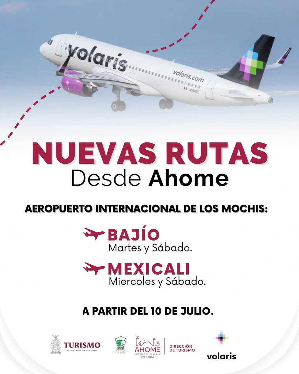 ✈️#LosMochis-#Mexicali
✈️#LosMochis-#ElBajío 
<a href="/volaris/">Quiero esto.com</a> anuncia 2 nuevas rutas para #LosMochis, Gracias a los esfuerzos de <a href="/AlcaldiadeAhome/">Alcaldía de Ahome</a> <a href="/GVargasLanderos/">Gerardo</a> <a href="/sinaloa_sectur/">SECTUR SINALOA</a> <a href="/_Estrella_pd/">Estrella Palacios</a> logramos mejorar la conectividad aérea 📍y vamos por más 🍀✈️