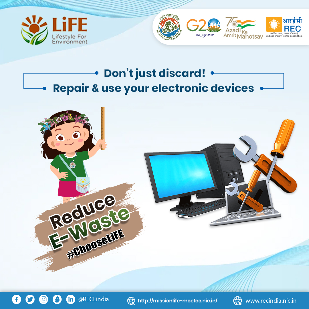Give it another try, before discarding your electronic device. Take one step towards reducing the piling e-waste around us.  

#ChooseLiFE #MissionLiFE #ClimateAction4LiFE #JanBhagidari

#RECLimited #REC #RECLindia #SustainableConsumption #GreenEnergy #PowerSector #CSRinitiatives…