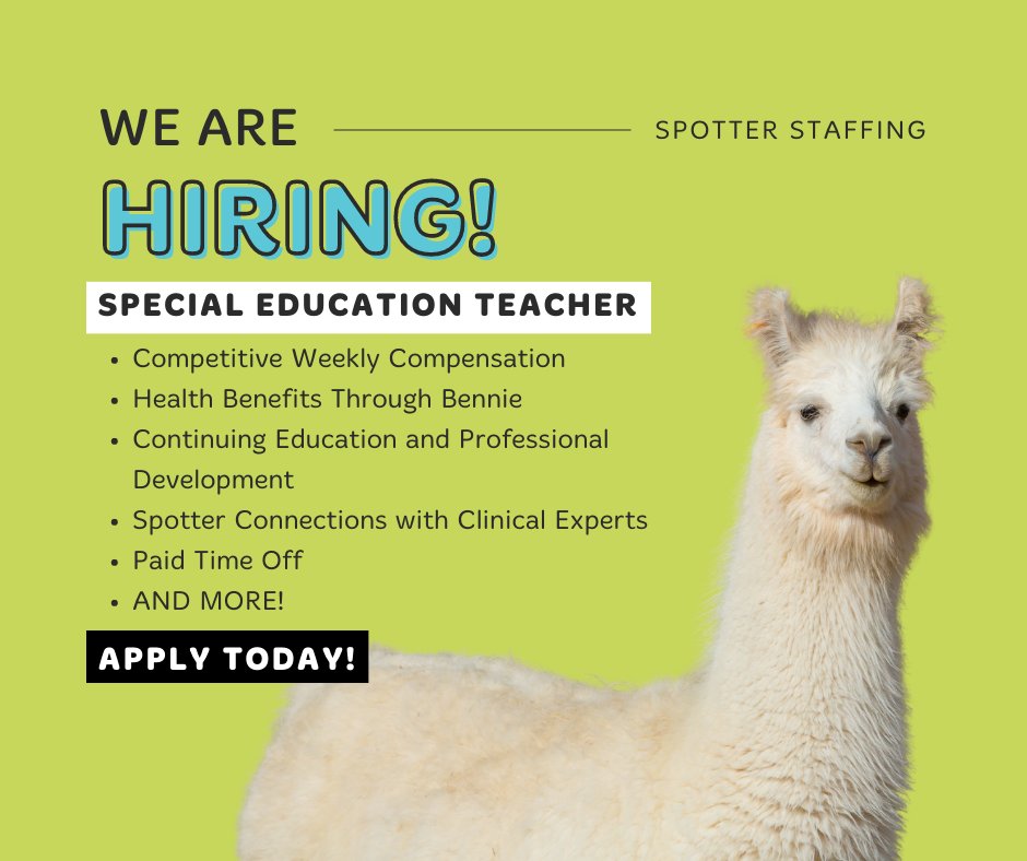 We're hiring for a #SpecialEducationTeacher in Carrollton, TX!
Hours ⏲️ - 40 hours per week
Pay 💰 - $40/hour and up, depending on experience
Click to apply: spotterstaffing.com/therapists/
#JoinTheHerd 🦙#specialeducation #specialeducationjobs