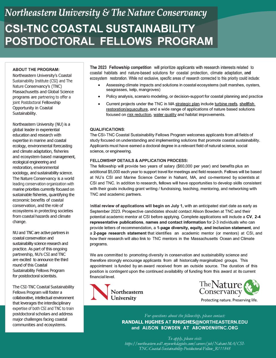 We have an open postdoc position! These postdoctoral fellows are joint between @NUMarSci and @nature_org and work on applied/mutually interesting problems in coastal sciences. Email/DM me if interested. @earth_jobs @GeoLatinas @BlackinMarSci