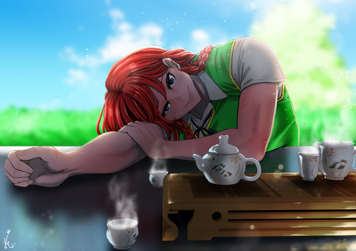 hong meiling 1girl braid cup solo red hair muscular female twin braids  illustration images