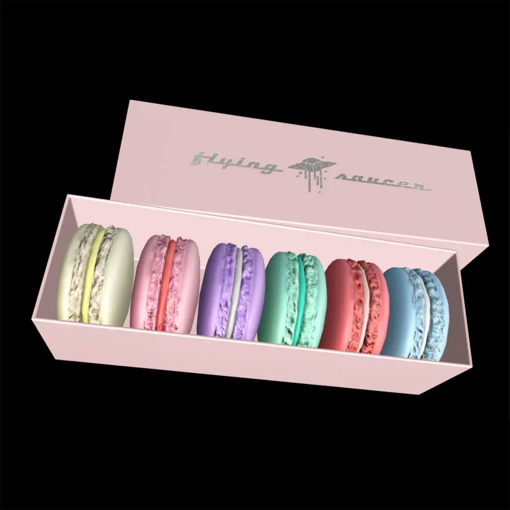 Box of 6 macarons, from the Flying Saucer gift shop! 🎁  available as an open edition 3D NFT on Manifold. 🍬 .01 ETH ✨ Perfect for displaying in your metaverse space! buff.ly/42in3cu 💜 #3dNFT #metaverse #glb #gltf #nft #eth #openedition #macaron