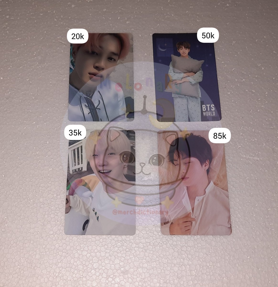 merchdictionary's tweet image. [HELP RT]

WTS // CLEARANCE SALE
✨️Photocard BTS✨️
- jimin dicon 101
- jungkook bts world
- suga its2
- jin tear u

✅️Good condi
✅️Packing
🚚 Syupii

#wantosell #pcbts