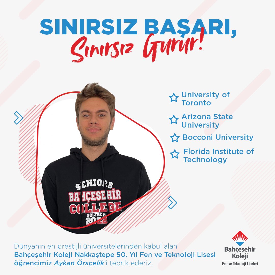 👏🏼Tebrikler Aykan!

Nakkaştepe 50. Yıl Fen ve Teknoloji öğrencimiz Aykan Örsçelik dünyanın en prestijli üniversitelerinden kabul aldı. 

✨University of Toronto
✨Arizona State University
✨Bocconi University
✨Florida Institute of Technology

Gururluyuz! ❤️💙
Yolun açık olsun