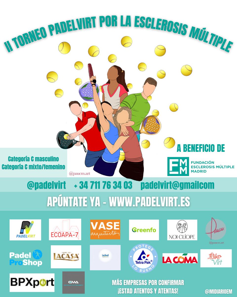 FundacionEMM's tweet photo. ¿Juegas al #padel ❓ ¿Quieres competir por una buena causa?

🔛 Torneo Benéfico de Pádel de @padelvirt en @bpxport Los Prunos
🗓️Sábado 10 de junio 
👐 Los fondos se destinarán a nuestro centro de atención a personas con #esclerosismultiple 

➕ℹ️ https://t.co/KsE9ws59IC https://t.co/BM1jRmaotG