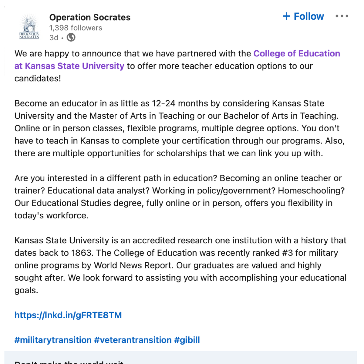 KSUCollegeofEd's tweet photo. Operation Socrates links candidates to veteran friendly and qualified collegiate education programs, and K-12 school districts who want to hire veterans. More info: https://t.co/bvBIlVWt0O #kstate #edcats #military #Veterans https://t.co/57xauc753j