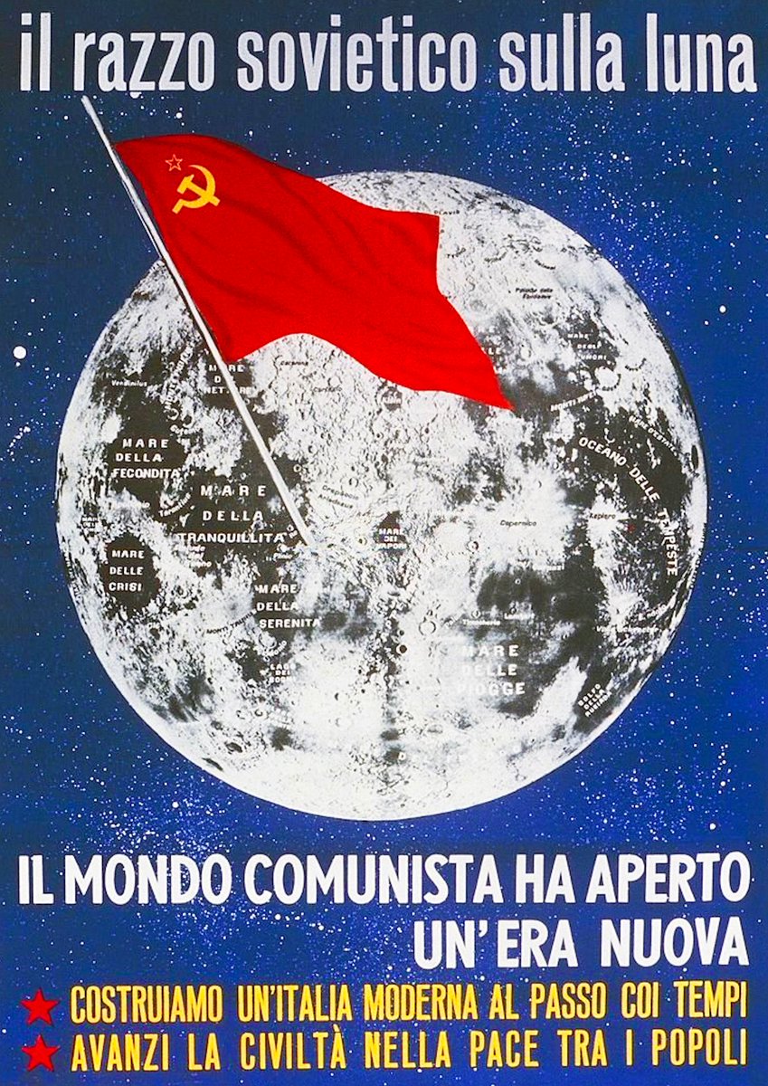 propagandopolis's tweet photo. 'The Soviet rocket on the moon' — Italian poster published by the Italian Communist Party in 1959. https://t.co/fHfsckXo3x
