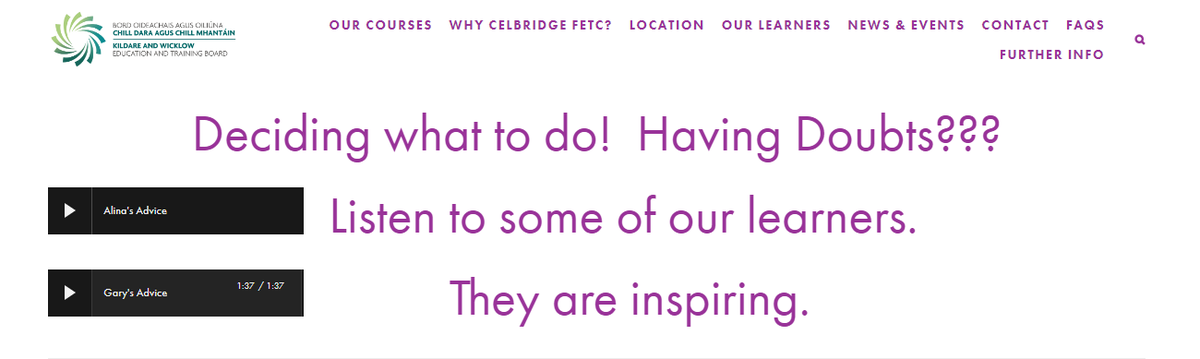 Returning to education? Some of our learners thoughts about Celbridge FETC & education. Click on this link celbridgefetc.ie to LISTEN.
@KWETBAliss @Thisisfet @DeptofFHed #KWETB #SOLAS #Thisisfet #Skills #training #courses #FET #furthereducation #Celbridgecourses