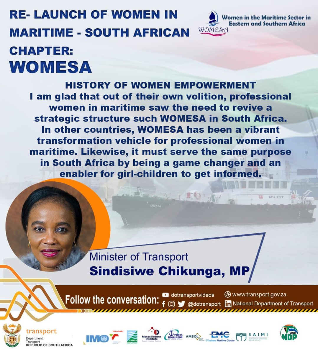 Dotransport's tweet photo. RE-LAUNCH of WOMEN IN MARITIME - SOUTH AFRICAN CHAPTER (WOMESA)
#WOMESA https://t.co/zHzH92XugZ