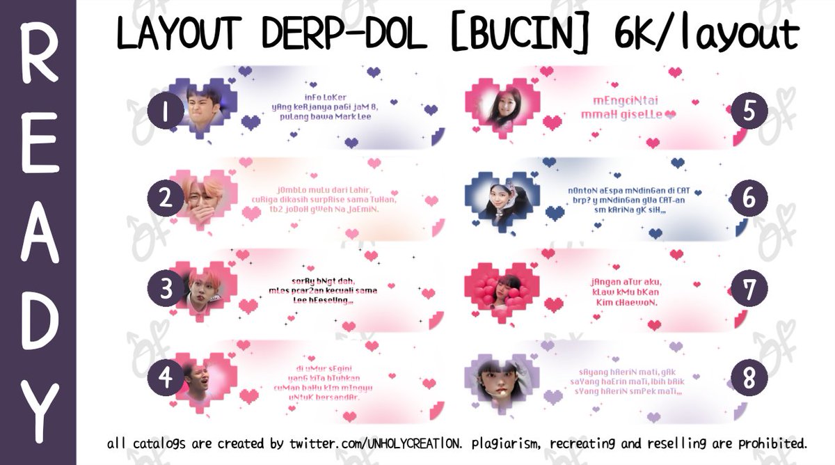 HELP RT PLEASE?

Aku ada ready stock :
1. LAYOUT CEGIL &amp; COGIL 
2. LAYOUT CWOK MEONG
3. LAYOUT DERP IDOL WITH QUOTES BUCIN ALAY

Semuanya bisa di take besok (Rabu, 31 Mei 2023) pukul 20.00 WIB, keterangan lebih lanjut, bisa di scroll aja ke bawah ❤ #zonauang #zonaba