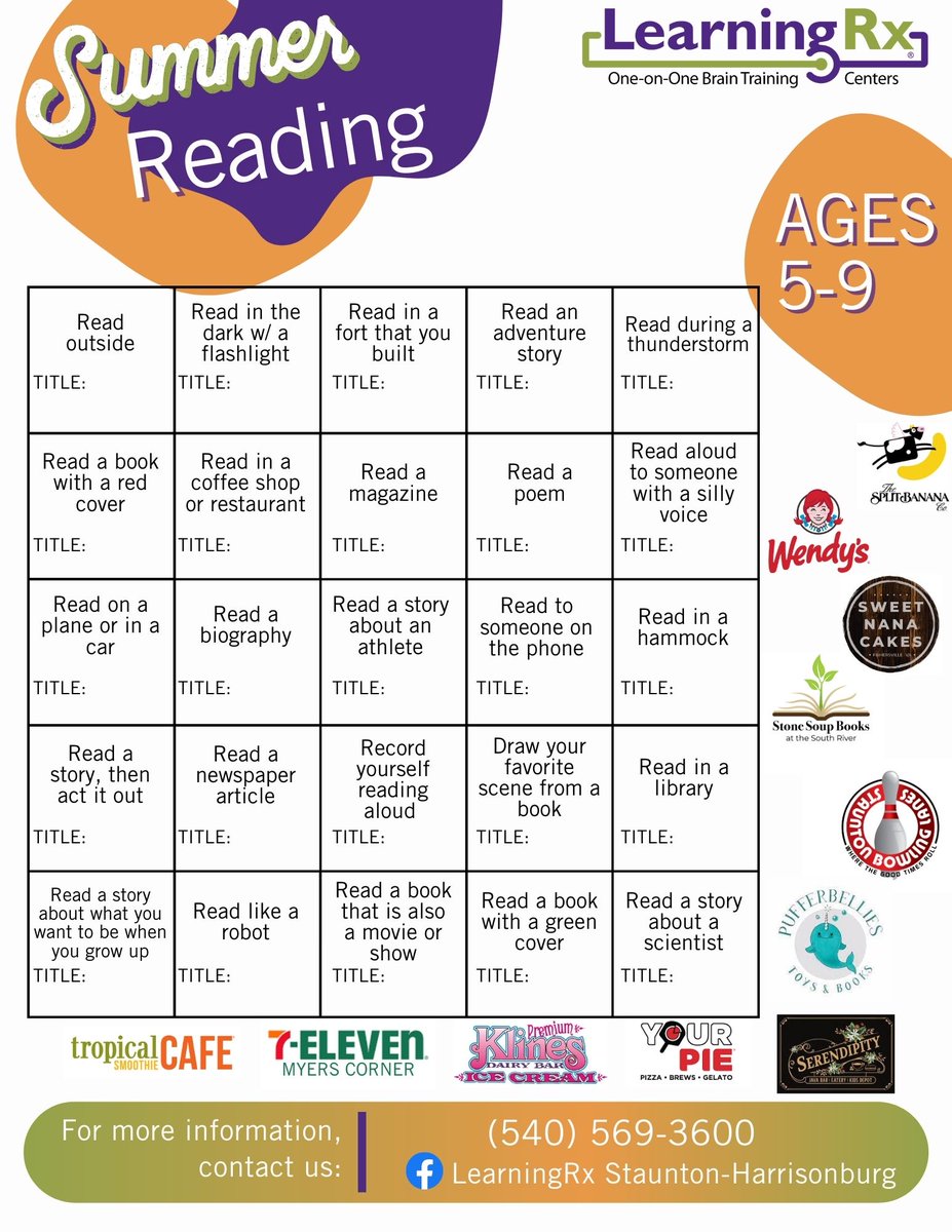 Here's a little peek at our summer reading program Bingo cards!

More details here: ow.ly/Q55b50Oi2su

#summerreading #learningrx #braintraining #stauntonva #harrisonburgva #homeschoolva #learningrxshva