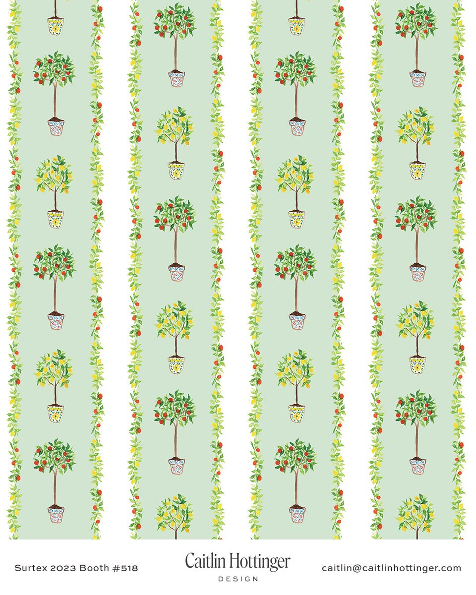 Who exhibited at #SURTEX recently? Designer Caitlin Hottinger was onsite showing off works like this stripes pattern, comprised of hand-painted citrus trees and branches, in two colorways 🍊 🌳 🍋

Explore the 2023 Exhibitor List >> bit.ly/45Am4r3