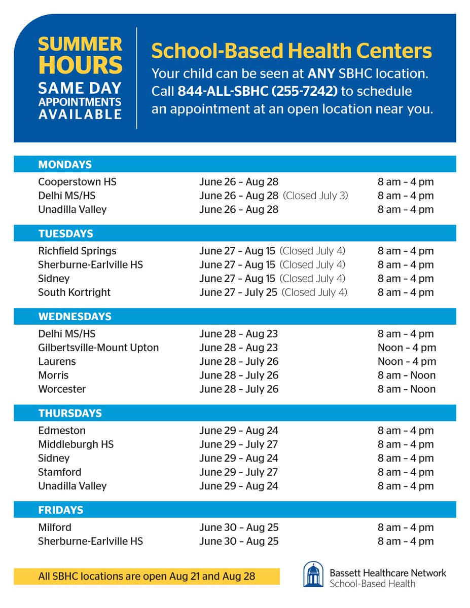 BassettNetwork's tweet photo. School might be out for summer, but Bassett's School-Based Health Centers operate year-round for you and your family! Check out the schedule below for availability, and feel free to reach out to your local SBHC with any questions.
 
https://t.co/iQZNSP7RJ0 https://t.co/Xes40iiTgw
