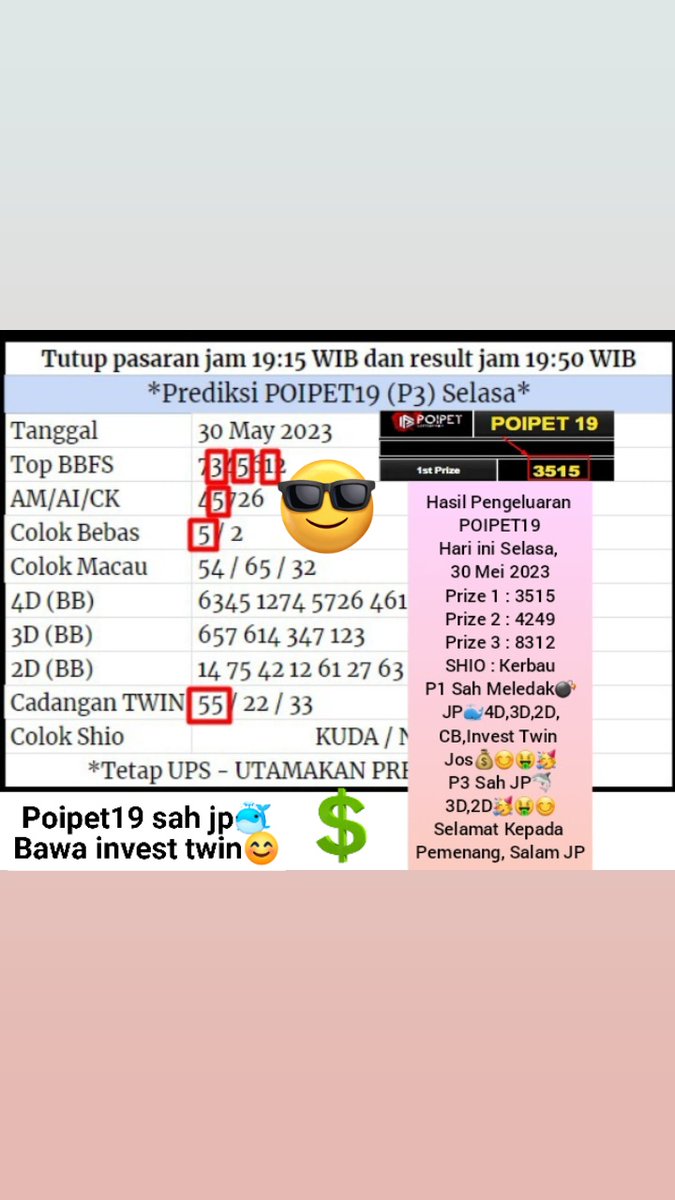 Masterdemian88's tweet photo. Result Poipet 19, Selasa 30 Mei 2023 

Selamat Untuk yang Berhasil JP

Info Result dan Prediksi Setiap Hari WA 081224902638 

#resultpoipet #Succession #dolar #MSDhoni𓃵 #MasterChef #abvote #BOYNEXTDOOR #CHEN #StrayKids #SuccessionFinale #IPL2023Final https://t.co/RPz2G6Tnbw