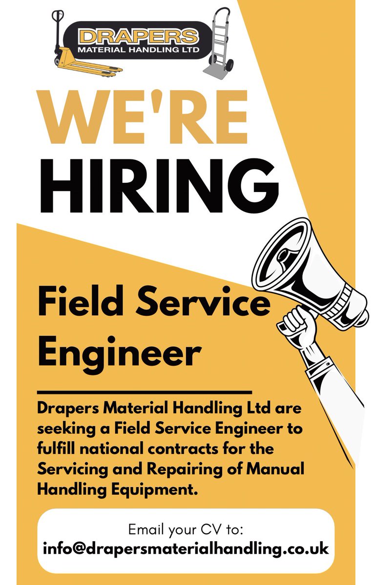We’re Hiring! 
Drapers Material Handling Ltd are currently looking for a Field Service Engineer to join our team to find out more about this role please click the link below
linkedin.com/jobs/view/3612…

#jobopportunity #lookingforwork #fieldserviceengineer #jobsearch #jobalert