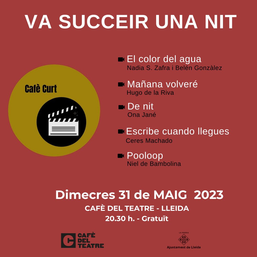 cafecurtlleida's tweet photo. Demà dimecres 31 de maig, última sessió #CafeCurt abans de les vacances d'estiu.
Curtmetratges #ElColorDelAgua i #Loopool seran presentats per les seves directores i director
🗓 Dimecres, 31 de Maig 2023
🕣 20.30 h
📍@cafedelteatre
Entrada gratuïta
@paerialleida @cultura_lleida https://t.co/Xx6POJ21Ck