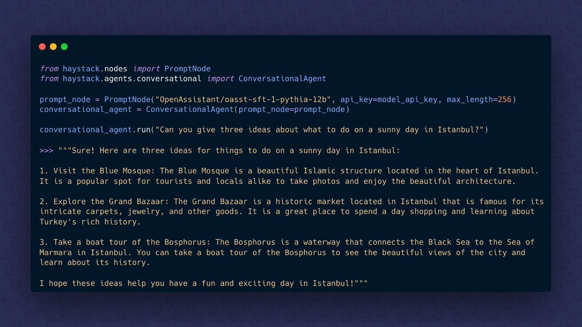 I am soo excited that ConversationalAgent is out! It enables creating a chat app only with three lines of code! 

To learn more, check out the tutorial: Building a Conversational Chat App. There's a little surprise at the end 👀👇
haystack.deepset.ai/tutorials/24_b…