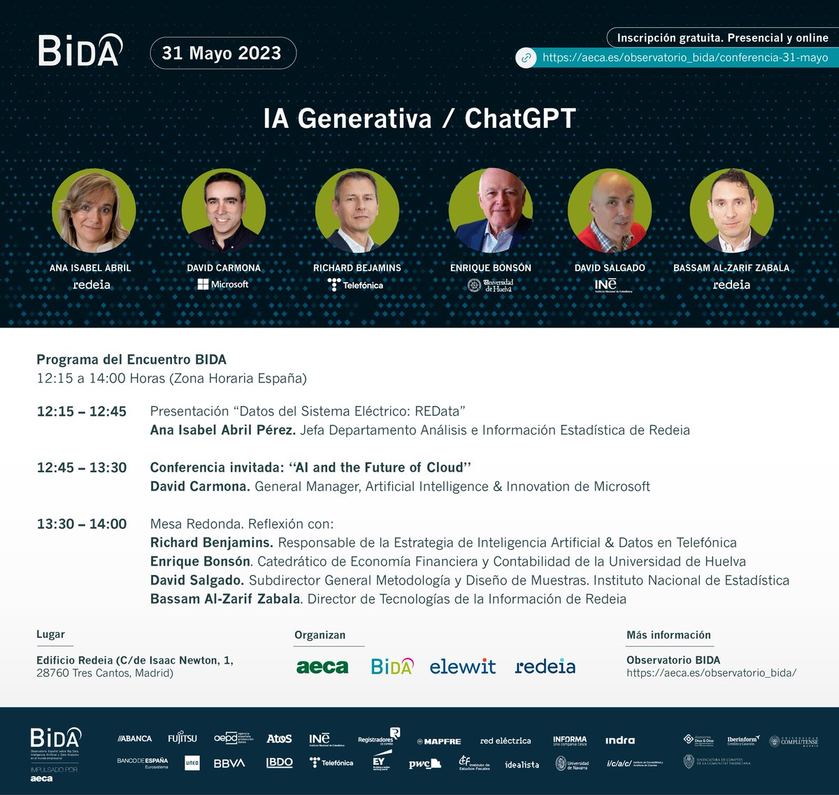 🚨 ¡Last call para inscripción online!

🚫 No te pierdas nuestra sesión sobre #IAGenerativa y el Futuro del #Cloud con expertos de <a href="/Microsoft/">Microsoft</a>, <a href="/RedeiaCorp/">Redeia</a>, <a href="/Telefonica/">Telefónica</a> y <a href="/es_INE/">INE España</a> que organizamos con el Observatorio #BIDA, de <a href="/asociacionAECA/">AECA</a>.

👉Inscríbete: ow.ly/4qa850OzuLE