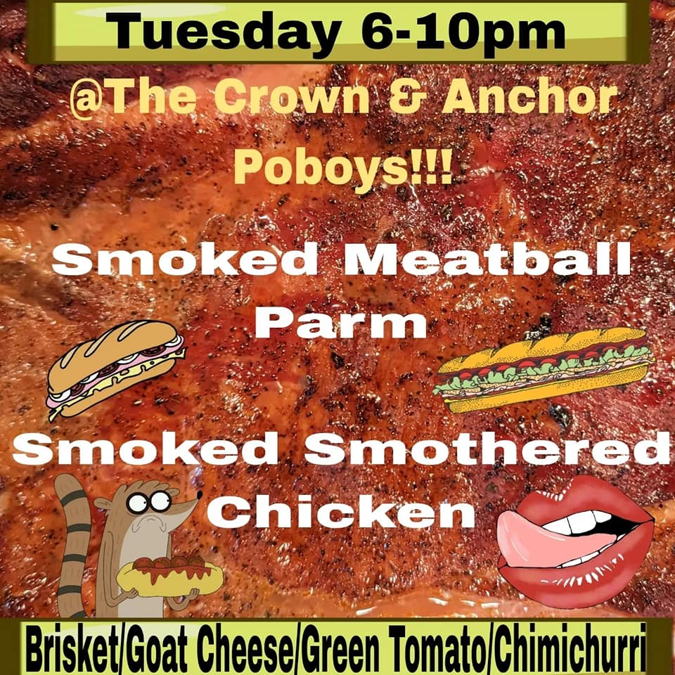 CrownAnchorPub's tweet photo. This evening Cowlick's BBQ Poboys will be back. 6-10pm 😀🍺 https://t.co/AXvOc1sxYB