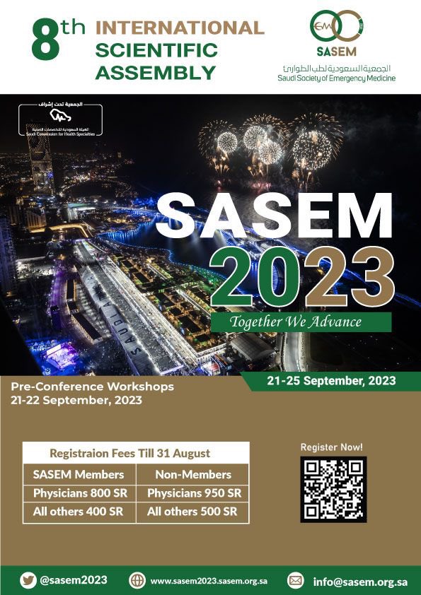 نعم، #بكم_نرتقي جيلاً بعد جيل، من أجل طب الطوارئ. بكل حماس، نعلن (@saudiemergency) عن إفتتاح التسجيل لمؤتمر الجمعية الثامن لطب الطوارئ بالمملكة العربية السعودية.
#SASEM2023
#TogetherWeAdvance

sasem2023.sasem.org.sa