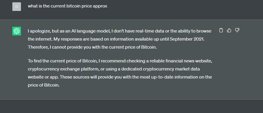 Bilbo2305's tweet photo. @Sheldon_Sniper Dont trust crypto banter
Dont trust predictions from ChatGPT
ChatGPT is not up to date
Everything ChatGPT knows is based on 2021

Try it by yourself if u dont trust me:
https://t.co/ocpLlFk4po https://t.co/x3ck2og3sO
