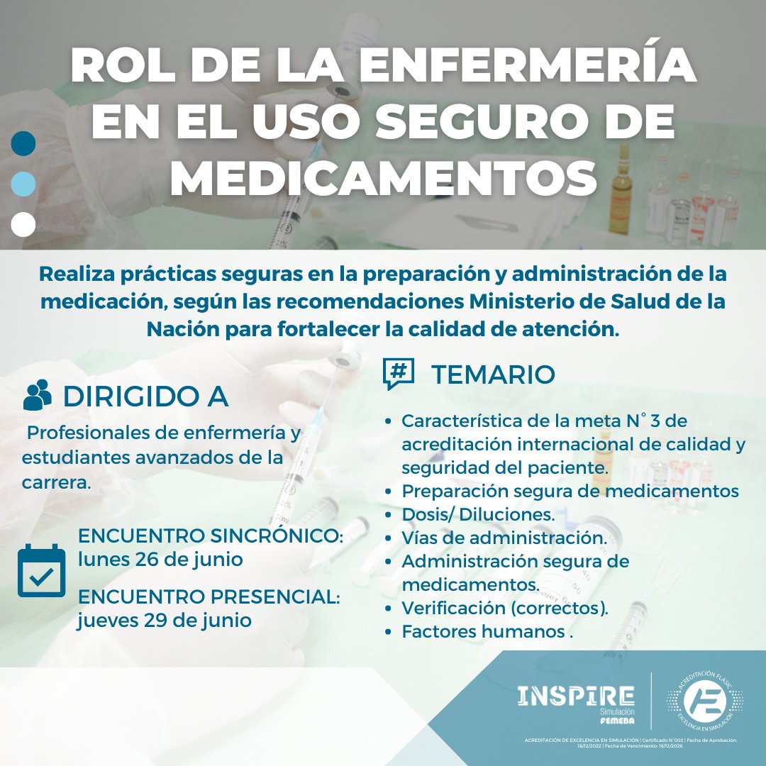 CURSO: El rol de la Enfermería en el uso seguro de medicamentos

🌐¿Querés saber más? Ingresá en: inspirefemeba.com.ar/event/rol-de-l…