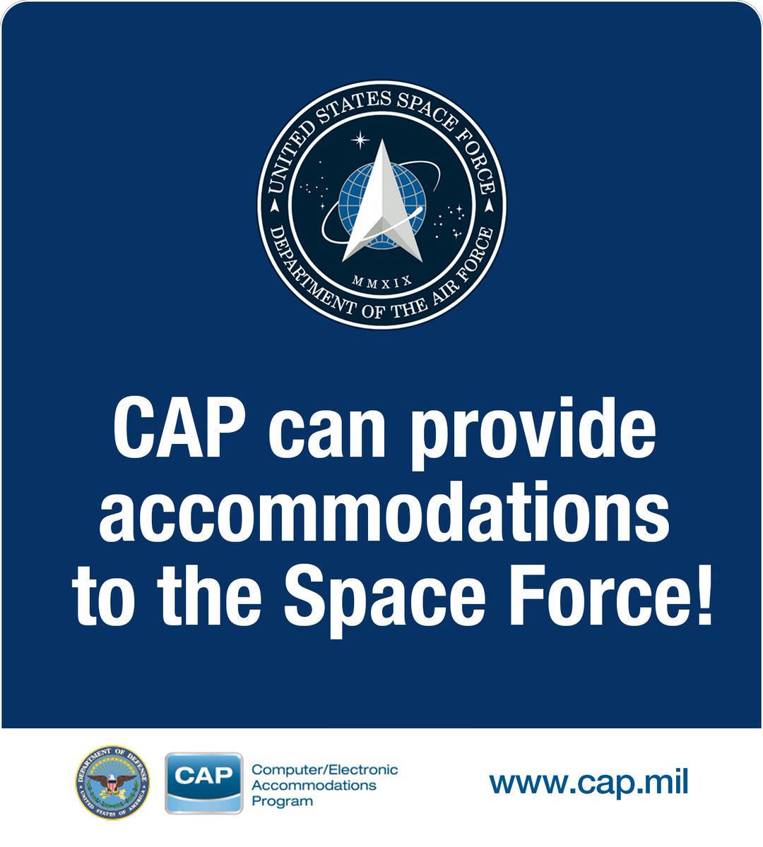 Are you a #WoundedWarrior in the U.S. Space Force? CAP can support you with workplace accommodations! Submit a request at cap.mil and reach out to cap@mail.mil if you need assistance. #MilitaryAppreciationMonth