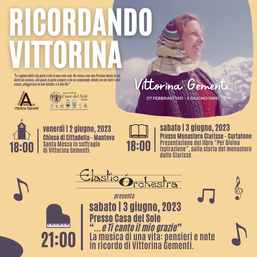 #ricordandovittorina #vittorinagementi
Ricordando Vittorina, il 34mo anniversario della salita al cielo di Vittorina Gementi (17 febbraio 1931 – 3 giugno 1989), fondatrice della struttura di San Silvestro nel lontano 1966.