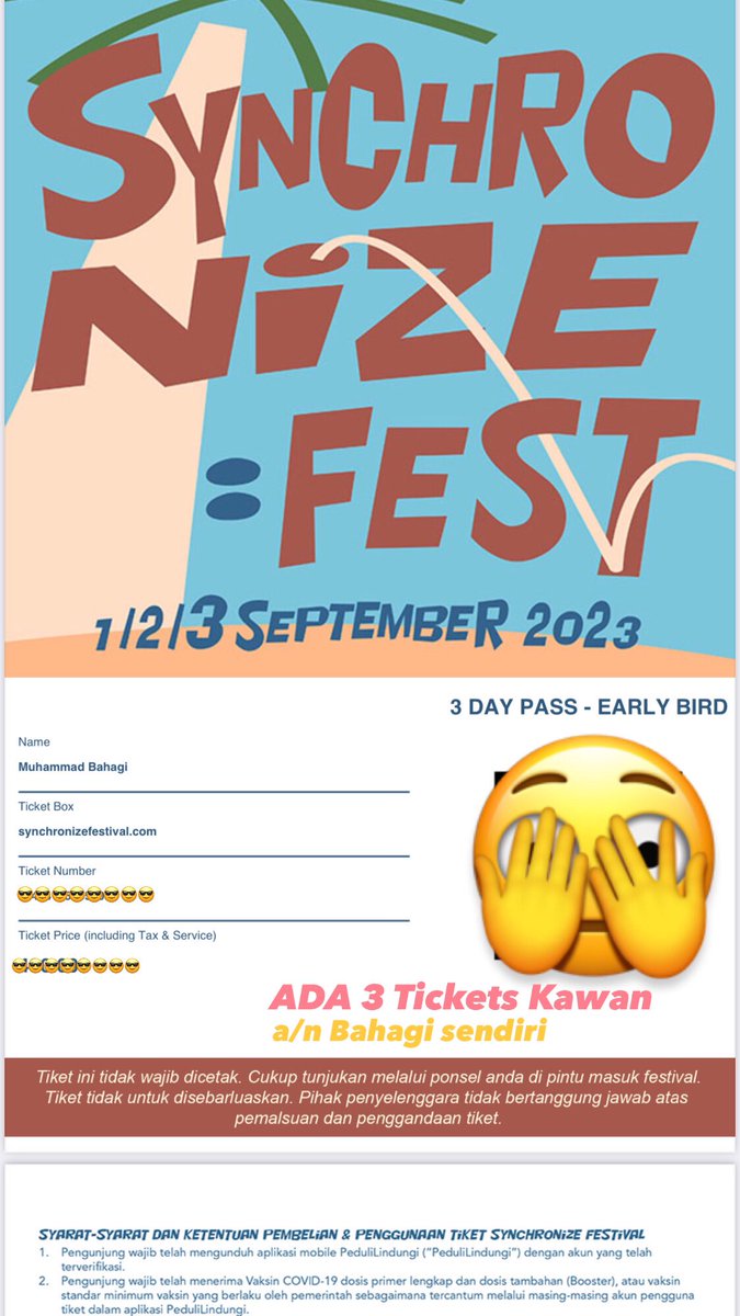 bahagi_'s tweet photo. Berhubung banyak kendala menghadang, 

WTS 3 Ticket 3 Day Pass #SynchronizeFest2023, harga  bersahabat kawan 🙌🏼 https://t.co/Y5YKz4c6cn