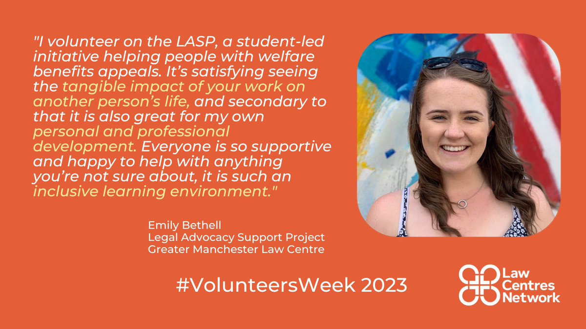 gmlawcentre's tweet image. Thanks to Emily for supporting benefits claimants on our Legal Advocacy Support Project this year.
We run #LASP to train students up to provide advocacy services to claimants appealing negative DWP decisions. Last year #LASP students represented 48 people.
#VolunteersWeek