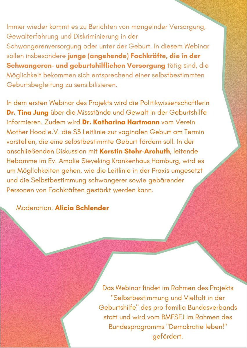 WEBINAR

*Gewalt vs. Selbstbestimmung in der Geburtshilfe*

18.07.2023,
17-20 Uhr

mit @tina__jung, Katharina Hartmann (<a href="/Verein_MH/">Mother Hood e.V.</a>) + ltd. Hebamme Stehr-Archuth

Anmeldung unter:
next.edudip.com/de/webinar/gew…

Teilnahme:
kostenfrei