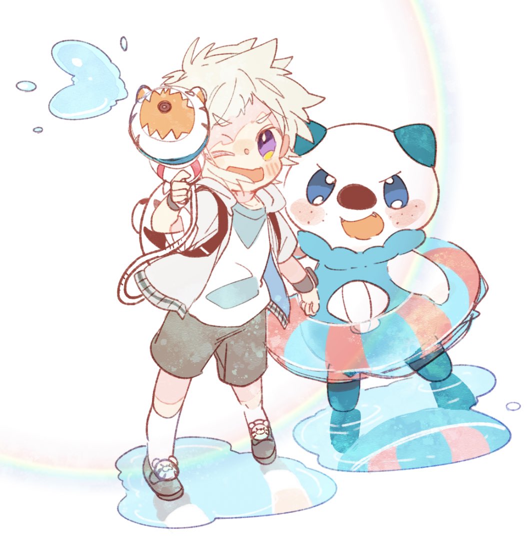 oshawott rainbow 1boy male focus pokemon (creature) one eye closed freckles shorts  illustration images