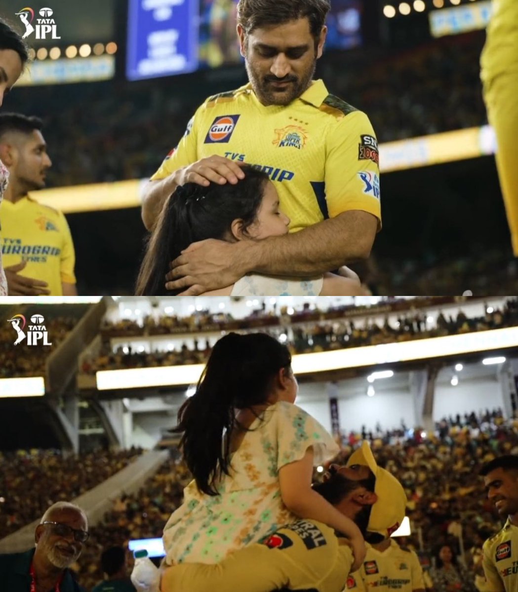 Ziva’s mandatory hug to daddy Dhoni and Jadeja post victory yesterday.