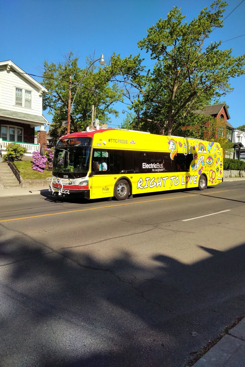 A sure sign that summer is near and so is #PrideMonth. Spotted this morning - the #ttcpride bus (and it's electric).