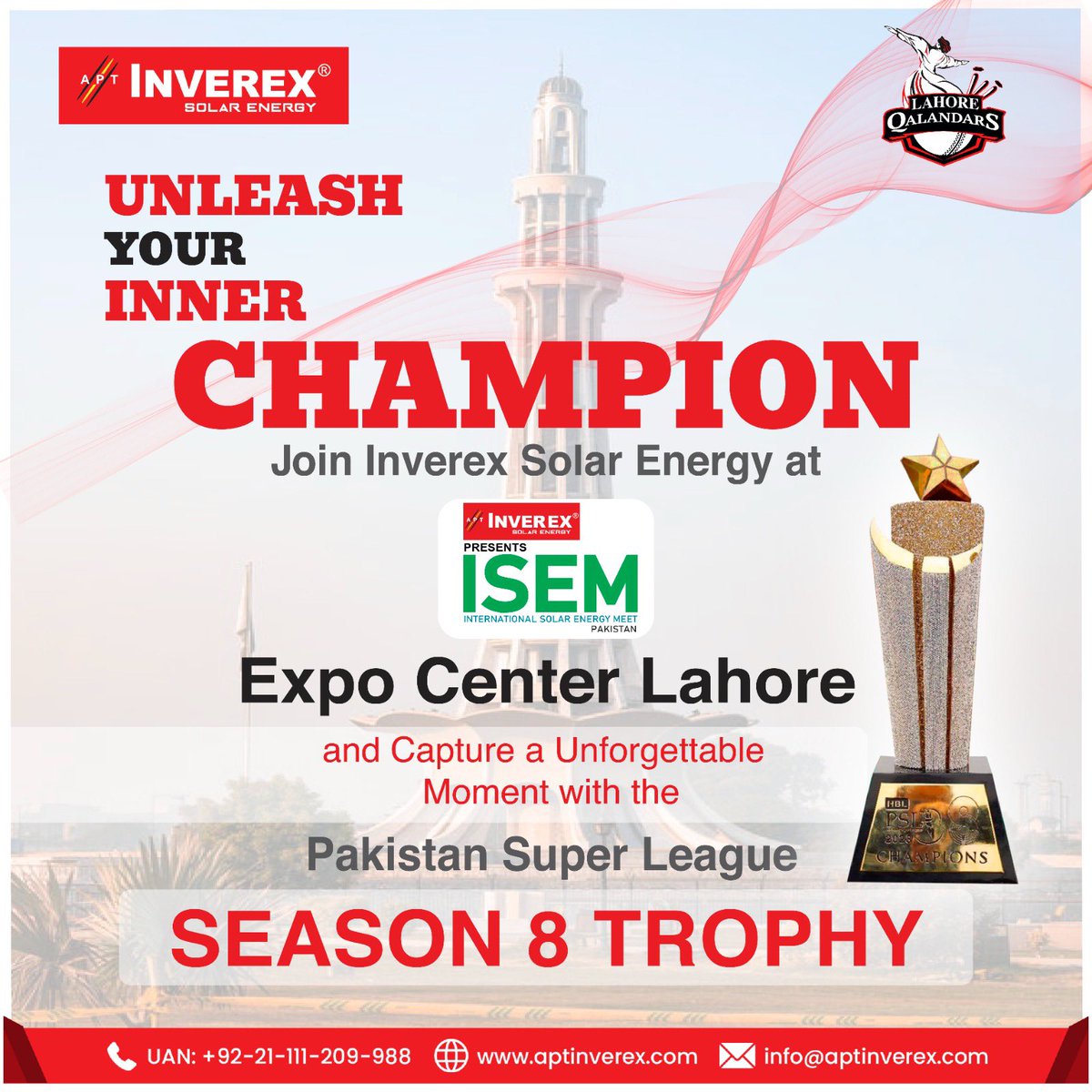 Join us at ISEM Pakistan's largest B2B Solar Exhibition from 02-04 June 2023 at Expo Center #Lahore Inverex the prestigious Title Sponsor proud to showcase the grand trophy of PSL8 at our booth on,3rd June!🏆 #Inverex #ISEM2023 #SolarEnergy #PSL #DamaDamMast #MainHoonQalandar