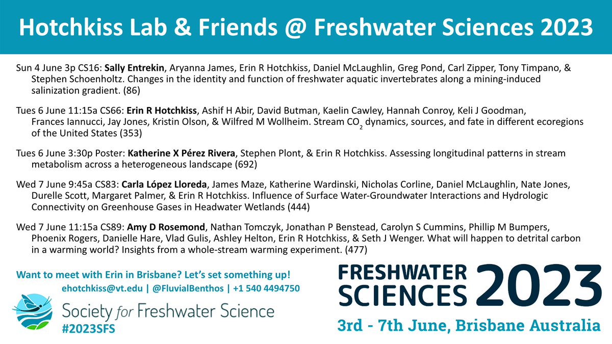 LONG travel day begins tomorrow! We're looking forward to reconnecting with &amp; meeting new freshwater science colleagues in Brisbane at #FreshwaterDownunder #2023SFS! Talks &amp; posters given or co-authored by members of our lab group are listed below. Safe/healthy travels, everyone!