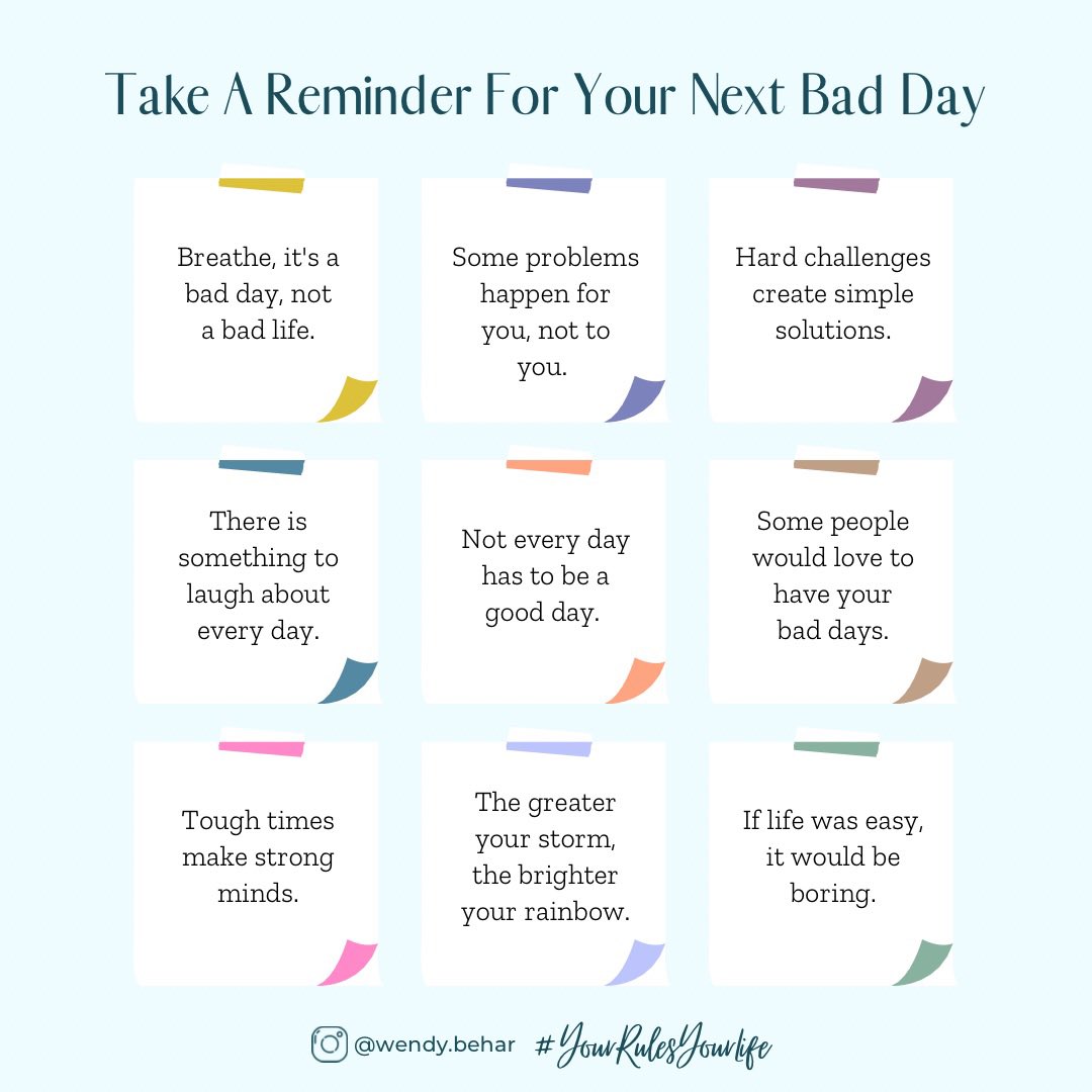Sometimes, we have bad days - it happens to us all!

Here are some reminders you can use, the next time you’re having a bad day!

It’s your life, you make the rules!

#sobertools #sobrietycoach #happinessinsobriety #wendybehar #happysobriety #licensedtherapist #sobertherapist