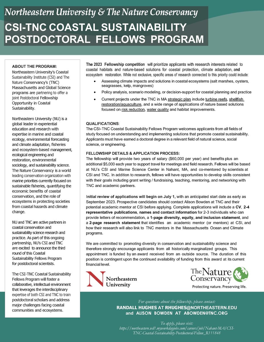 Exciting 2-year postdoc opportunity in #CoastalSustainability. Come work with us at @NUMarSci and @ConserveMA! Application review begins July 1. Please RT