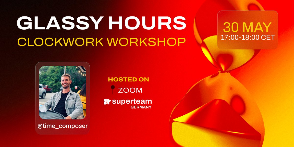 SuperteamDE's tweet image. Glassy Hours,
our online developer session where we dig into all facets of building on @solana is starting in less than 2 hours!   

🎙️ Hosted by our member, @yusuf_cptl

👤 Today&apos;s Guest: @time_composer, Founder &amp;amp; CEO @clockwork_xyz 

🗓️ Today at 17:00 CET

Register now 🧵👇