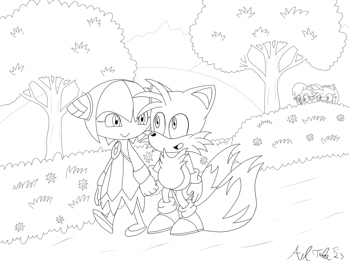 Tails and Cosmo walking in the woods...with some spies watching from the bushes. 

This line art was commissioned by Morlas from the BumbleKast Discord server. Thanks for the business! 

#tails #tailsthefox #milesprower #cosmo #tailsmo #savecosmo #sonic #sonicthehedgehog #sonicx