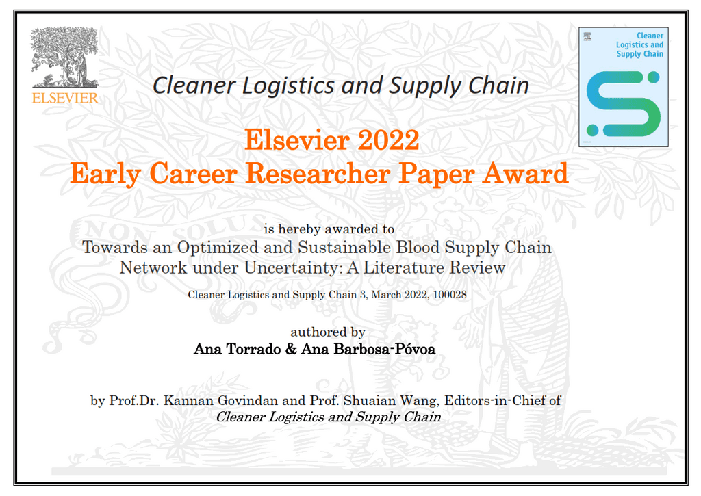 🏆 Exciting news! Congratulations to PhD student Ana Torrado (<a href="/istecnico/">Instituto Superior Técnico</a> @CEG_IST <a href="/OplogG/">OpLog - Operations and Logistics Research Group</a>)  for winning the 2022 Early Career Researcher Paper Awards by the Editors-in-Chief of Elsevier's Cleaner Logistics and Supply Chain Journal. sciencedirect.com/science/articl…
deg.tecnico.ulisboa.pt/noticias/premi…