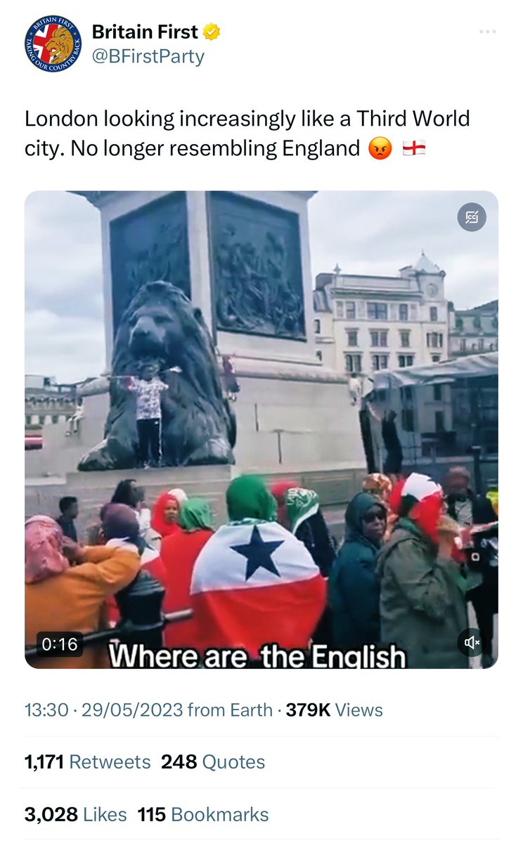 The UK Somaliland diaspora rocked London and took over the iconic Trafalgar Square so much that racist Britain First idiots tweeted about it crying.

We painted Trafalgar Square red, white and green...cadaankii baa yaabay! 

Somalilanders are not easy. 😂✊

<a href="/UKSLAlliance/">UK Somaliland Alliance</a> 🙏