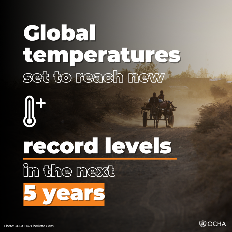 UNOCHA's tweet photo. ⚠️⚠️⚠️

Human-induced #ClimateChange is pushing global temperatures into uncharted territory, with far-reaching repercussions for health, food security, water management and the environment - warns @WMO.

We cannot curb humanitarian suffering without tackling the #ClimateCrisis.